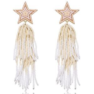 Yellow Gold and Multicolor Beaded Star Tassel Fringe Dangling Boho Post Earrings